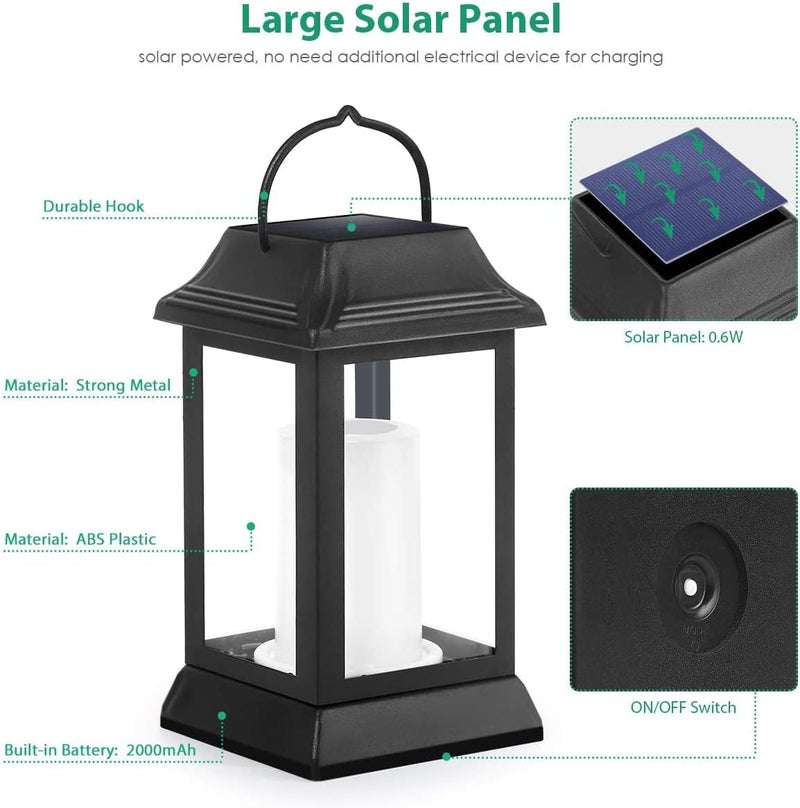TomCare Solar Lights Metal Flickering Flame Solar Lantern Outdoor Hanging Lanterns Decorative Lighting Heavy Duty Solar Powered Waterproof Umbrella Lighting for Garden Yard Patio Deck, 2 Pack（Black） - Image 4